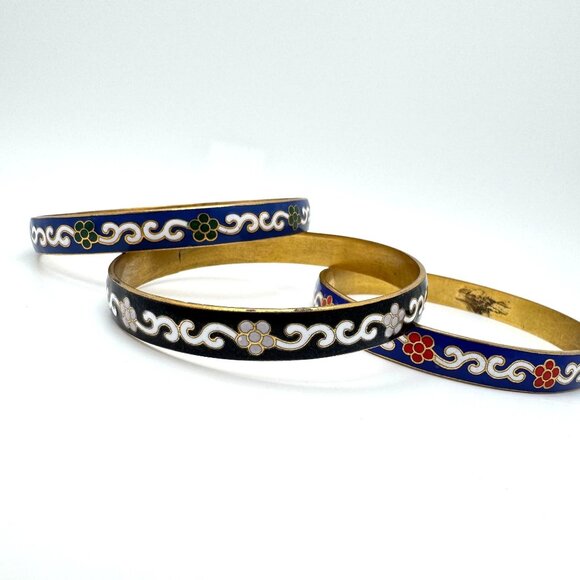 Cloisonne Enamel Brass Blue Red Green Black Vtg Set of 3 Bangle Bracelet  7.5 - Picture 7 of 16